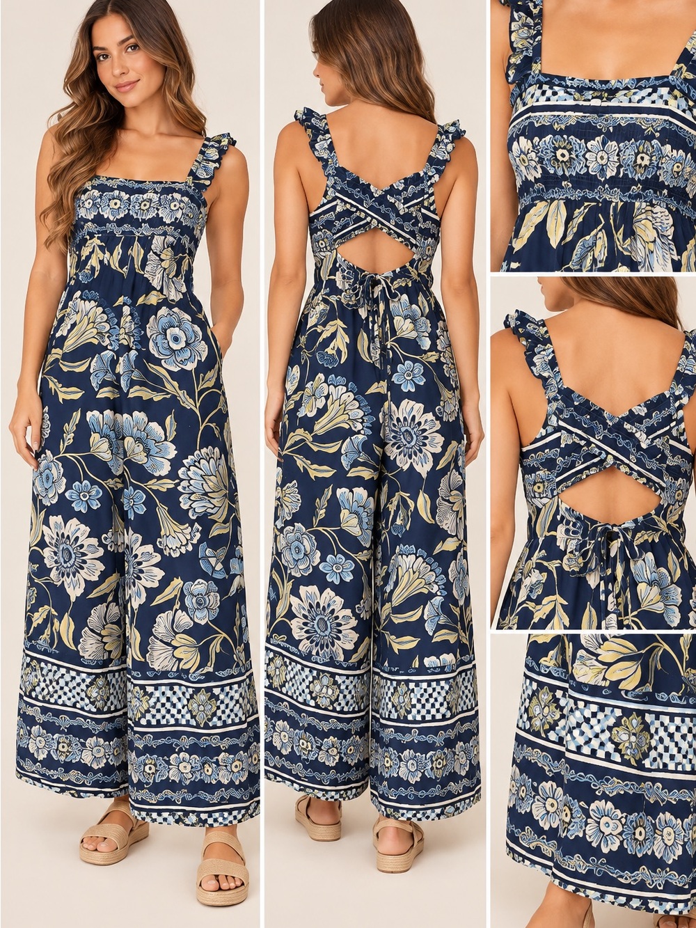 Free People Navy Floral Wide-Leg Jumpsuit with Crisscross Tie Back